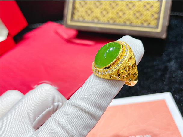 妙灵阁 999金镶玉戒指男纯金和田玉碧玉指环豪华黄金板戒生日礼物送