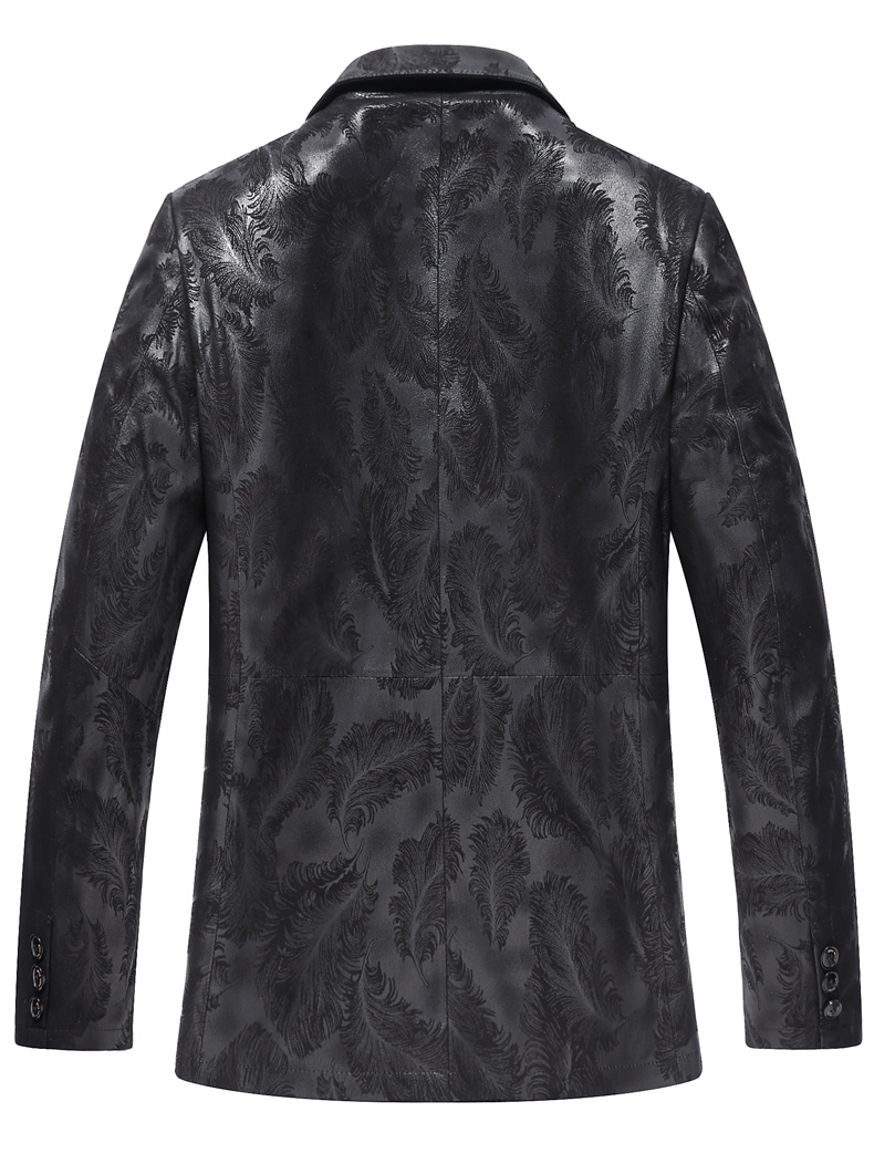 男装品牌同款2019春装新款绵羊皮真皮皮衣男西服修身印花真皮西装薄