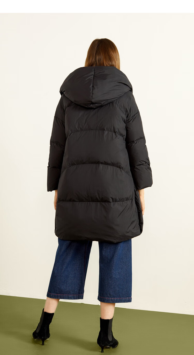 艾莱依冬季新款连帽羽绒服女中长款601801219 炭黑 155/80a/s