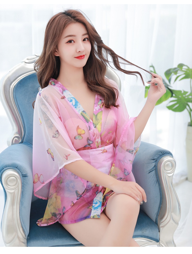 情趣内衣角色扮演服新款日式和服网纱轻透深v露胸睡袍女性开襟睡袍