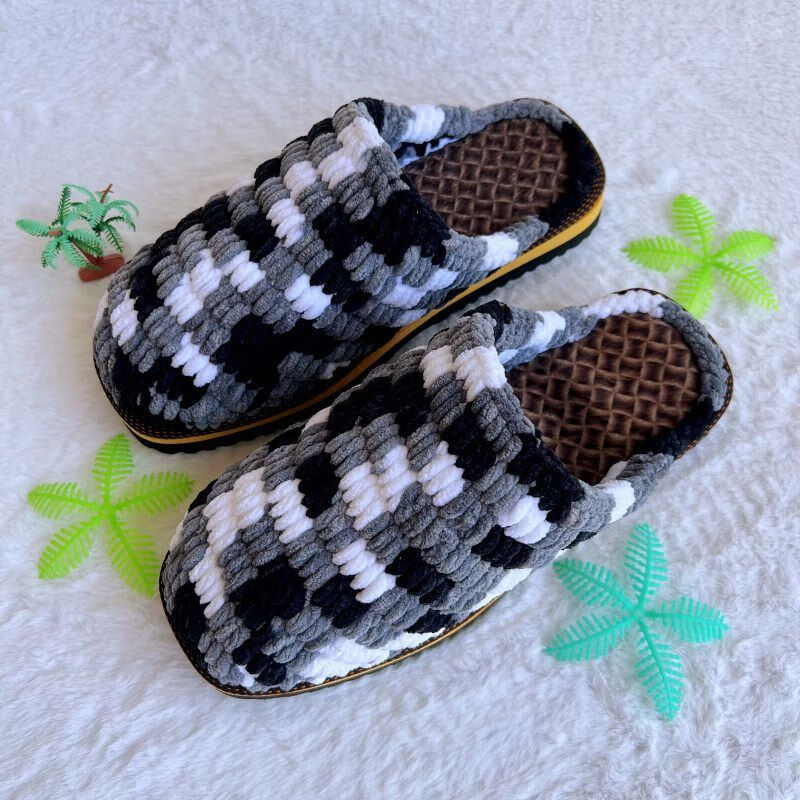 奇尚卓 毛线拖鞋纯手工勾冰条线居家成品毛线拖鞋 保暖加厚 深蓝花(不