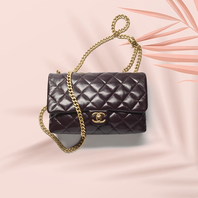 chanel 香奈儿女包链条单肩包深棕色羊皮口盖包日常通勤百搭 深棕色