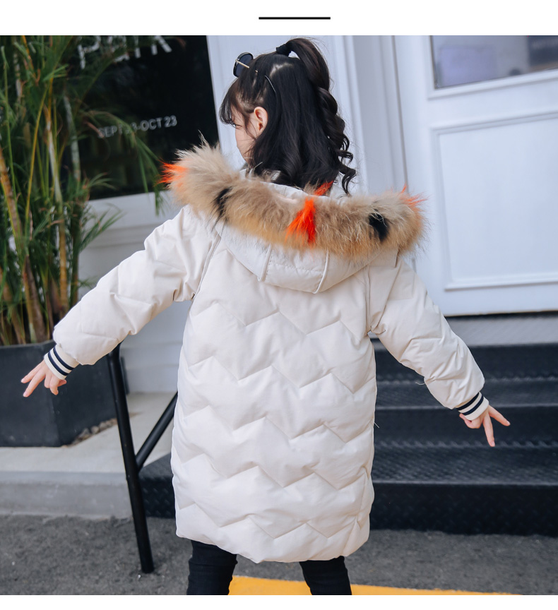 女童棉衣新款冬装6儿童中长款棉服7洋气9大童加厚外套13-14岁 米白色
