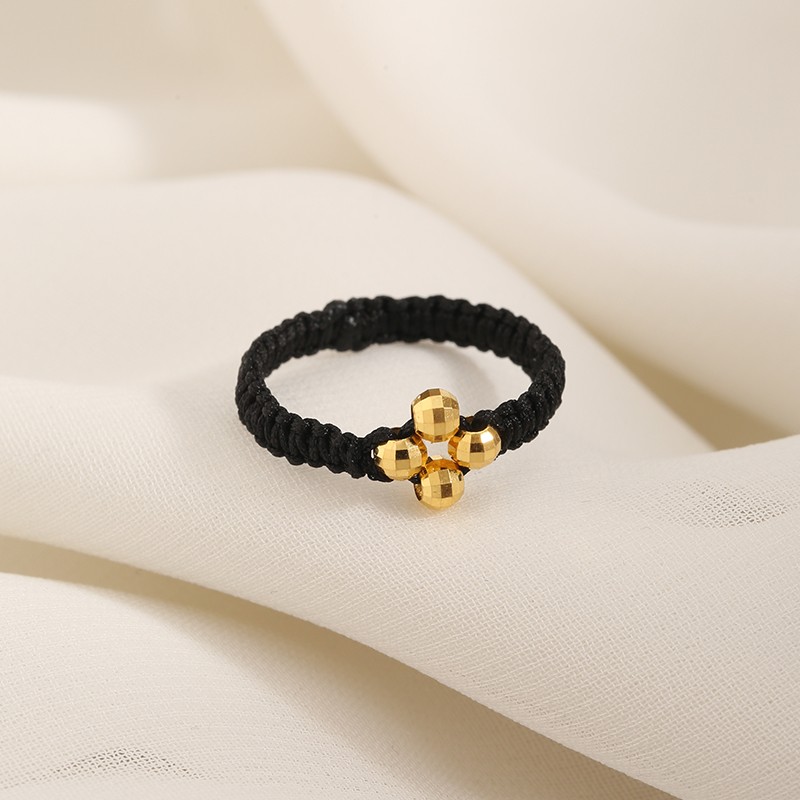 老凤凰老凤凰黄金四叶草戒指女足金本命年小金珠手工编织指环潮 生日