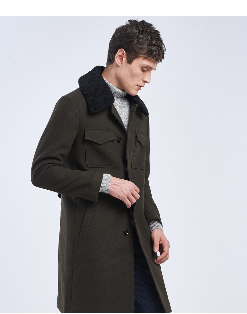 劲霸男装奥莱毛呢大衣男秋冬季带毛领时尚外套保暖冬装ffwv4339深兰