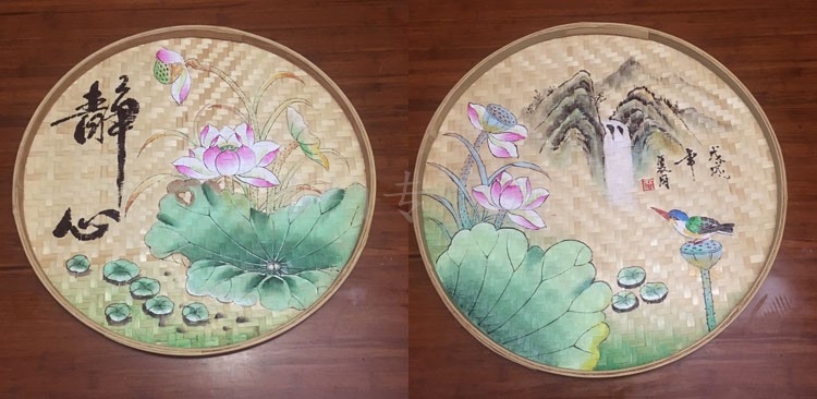 定做竹簸箕画手工画竹匾画竹筛画竹筐画竹编创意画农家乐装饰道具绘画