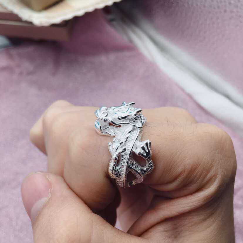 紫韩恋品牌足银990戒指男龙头戒指足银开口盘龙戒指生肖龙食指戒指
