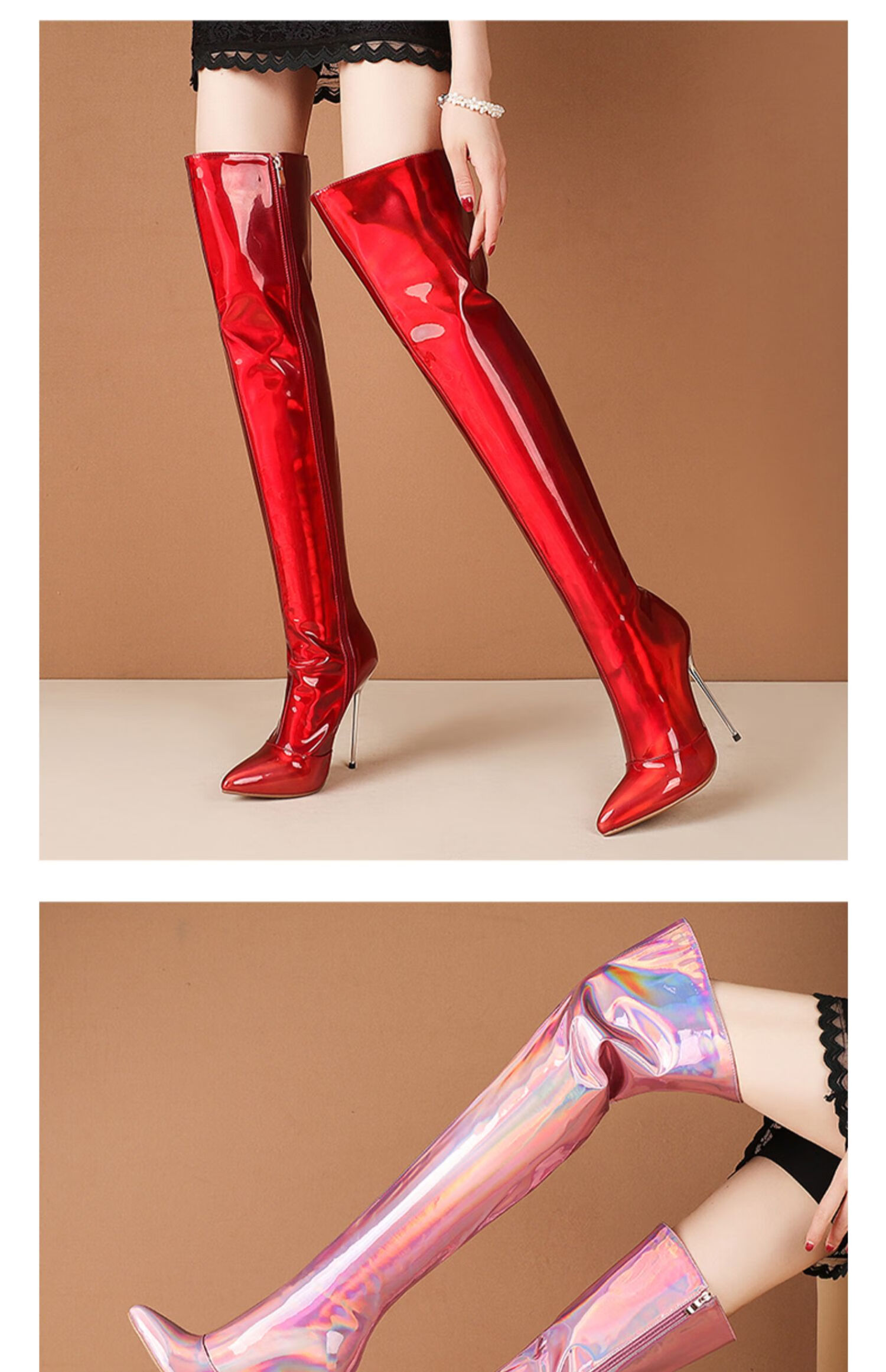 大码过膝长靴漆皮细跟2022春秋欧美长筒靴镭射高跟靴铁跟瘦瘦靴 金色