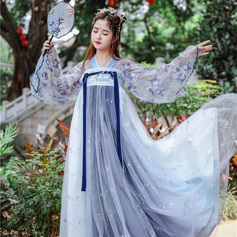 汉服女中国风仙气飘逸古风学生齐腰彼岸花广袖齐胸襦裙古装 蓝色齐腰
