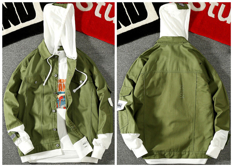 连帽牛仔外套男韩版修身休闲潮流男装夹克学生百搭上衣服 8811军绿色