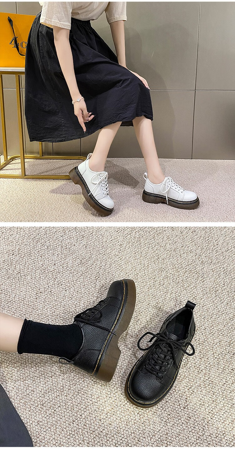 plover小皮鞋女2021春秋新款英伦风圆头厚底女鞋圆头休闲系带马丁鞋单