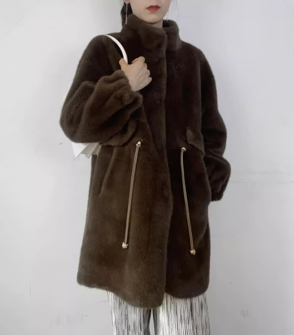 海宁皮草秋冬时尚雪兰貂大衣女立领休闲中长款年轻款水貂皮草外套国潮