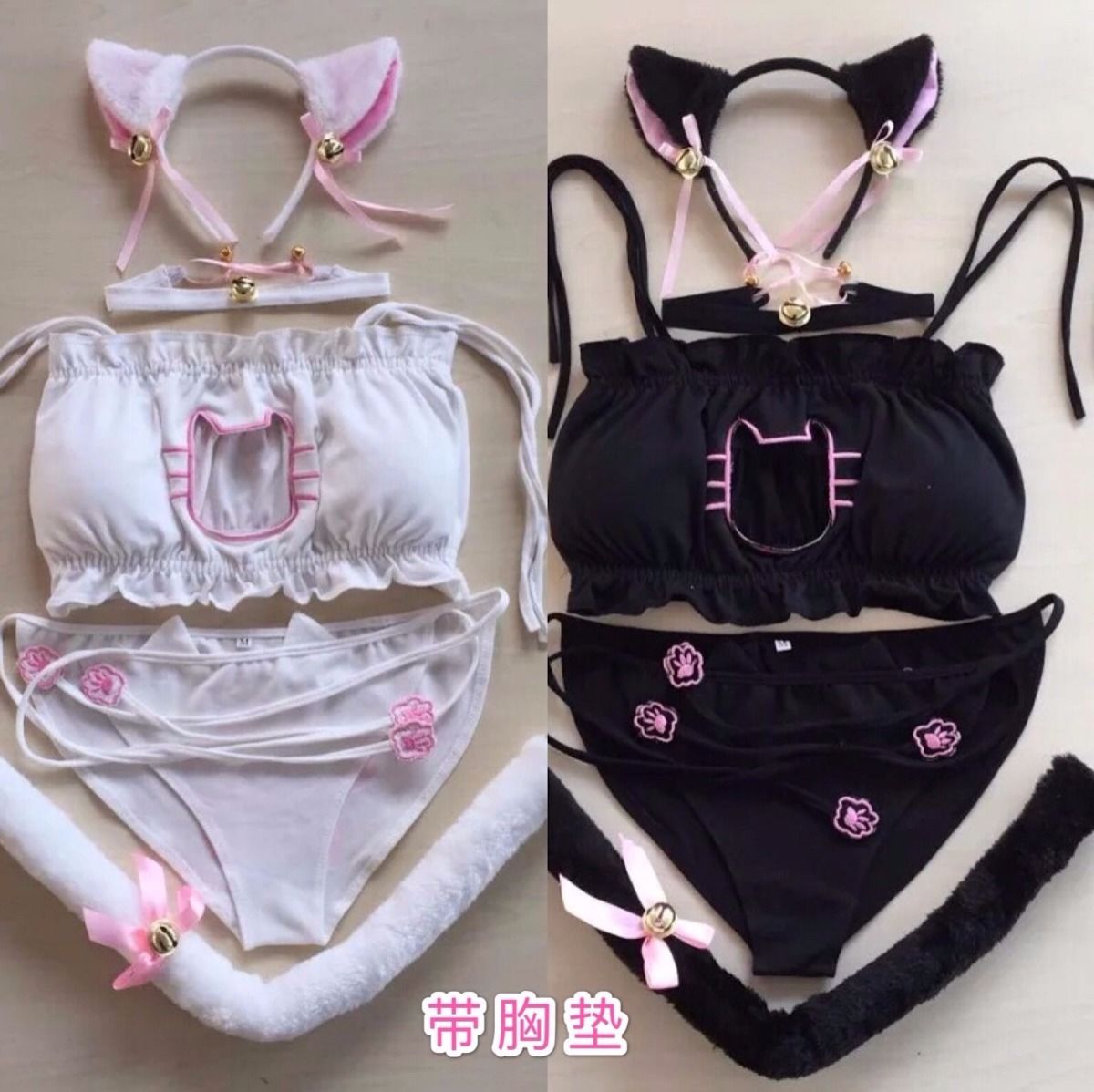 耳朵软动漫周边分日系cosplay猫咪内衣套装可爱镂空开胸妹文胸套黑色