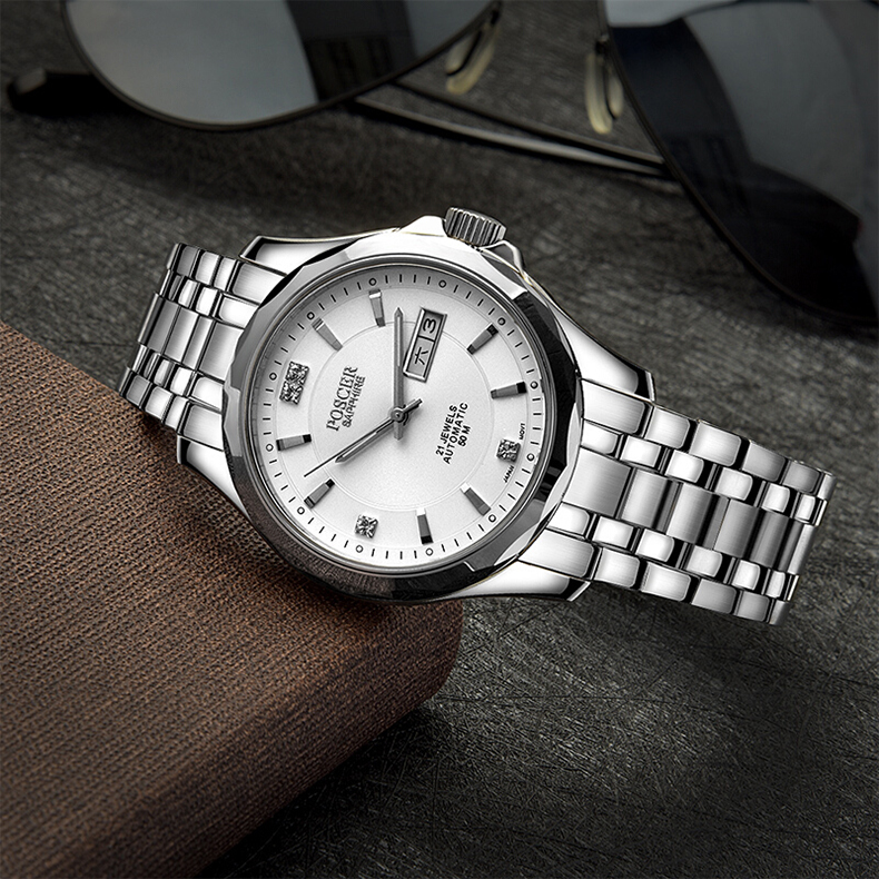 (poscer)男表商务全自动机械表男钢带防水双日历名牌保时捷手表6032m