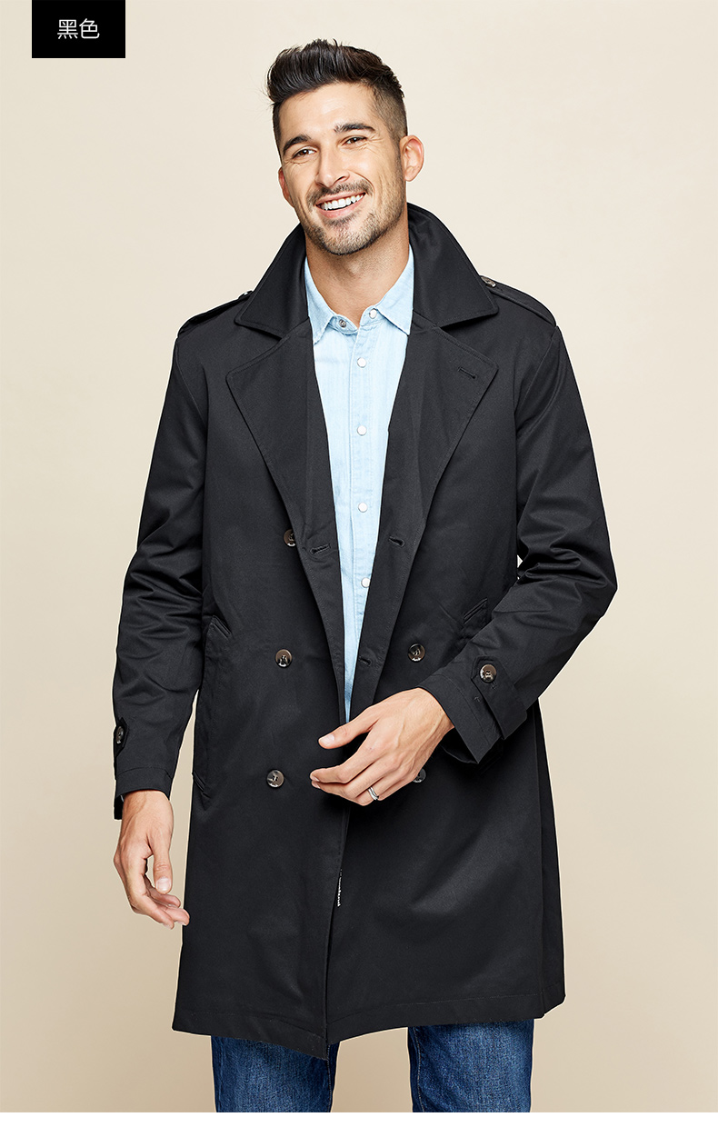 kuegou男士风衣春秋款韩版潮流中长款外套纯色翻领休闲大衣男9536