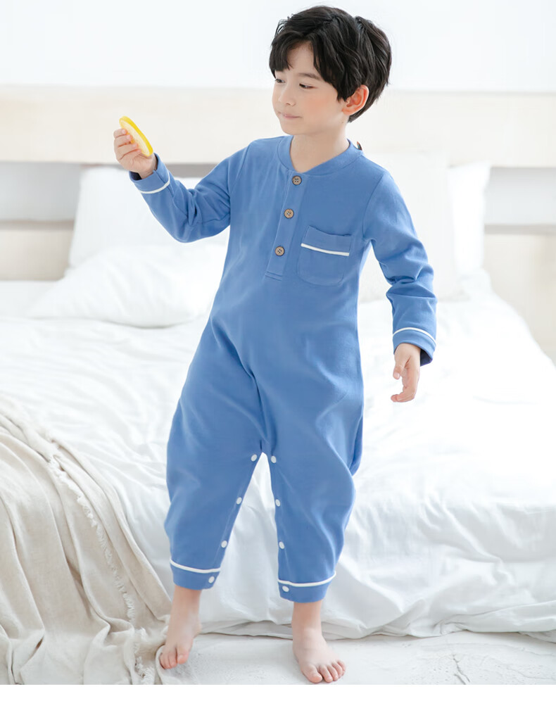 上宝麦秋季新款儿童连体睡衣男童加厚棉男孩宝宝睡衣连体衣长袖牛仔蓝