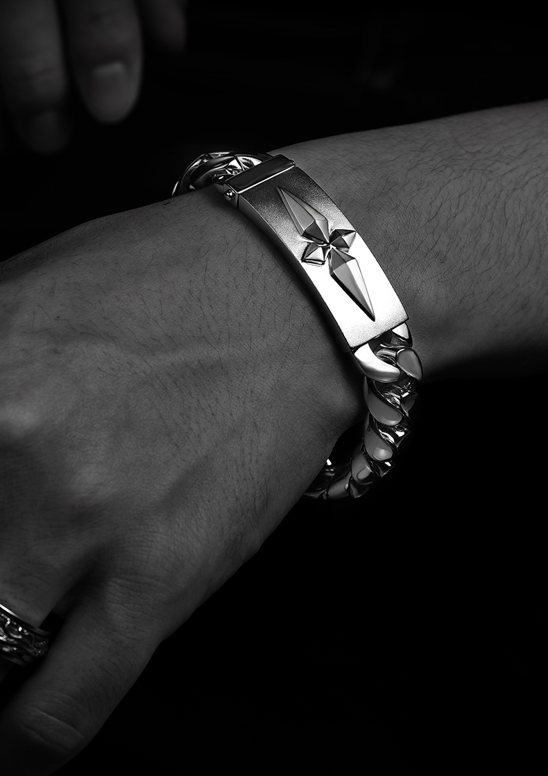 925银手链男潮流欧美复古霸气十字架男士手环实心银款加粗手饰手串