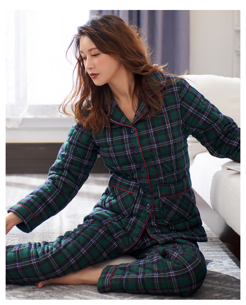 冬款加棉睡衣女装秋冬季加厚居家服女士冬装纯棉格子夹棉袄冬天家居服