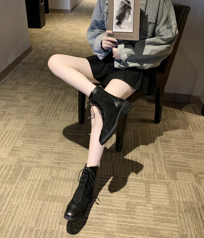 马丁靴女英伦风2019新款春秋百搭瘦瘦小跟短靴粗跟网红单靴子秋款