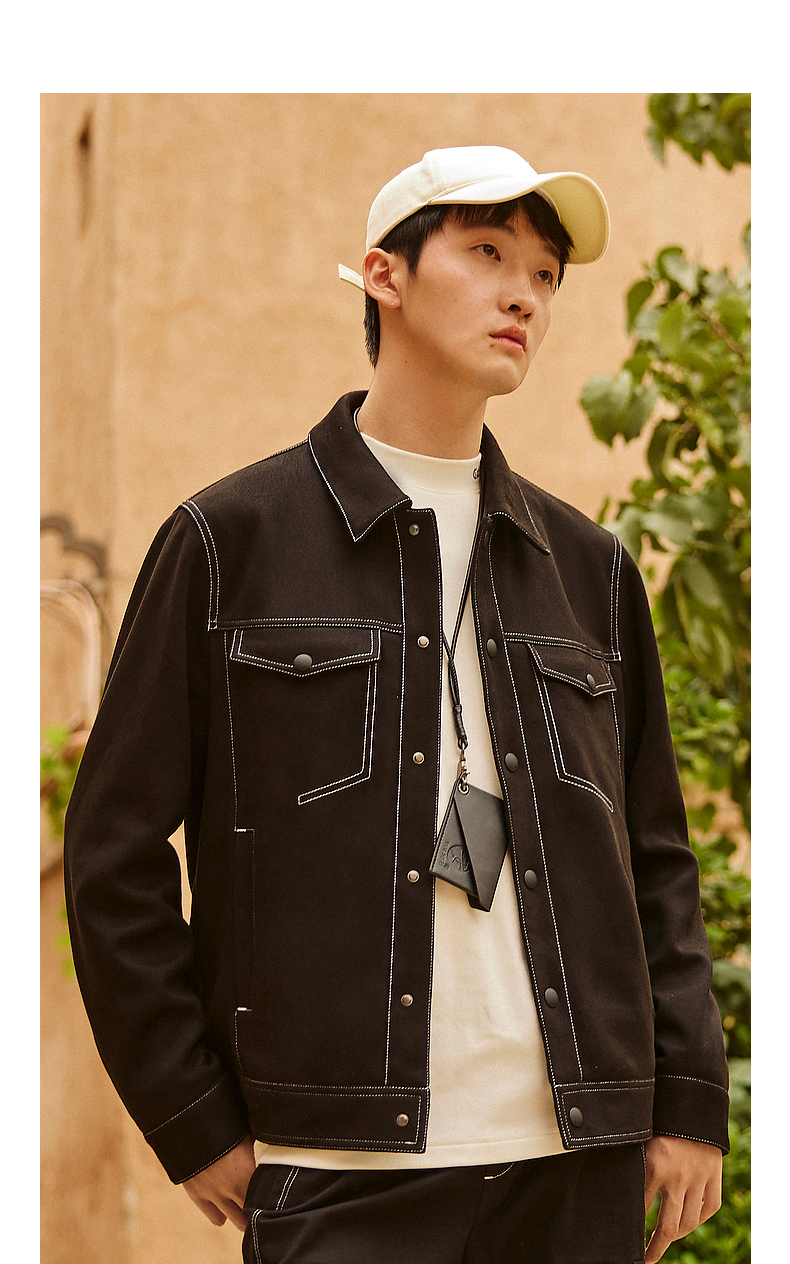 卡宾男装仿麂皮绒夹克2022秋冬潮流明线工装外套街头休闲a煤黑色