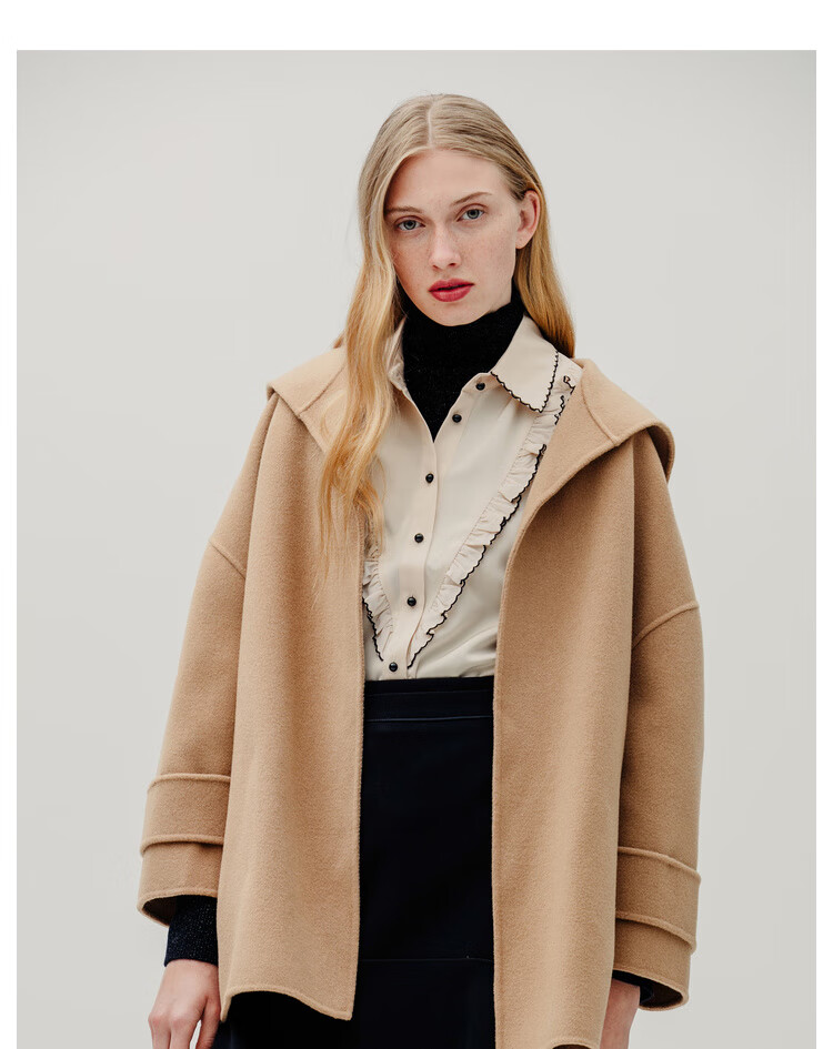 曼娅奴2019秋季新款韩版宽松纯色连帽中长款羊毛外套毛呢大衣 奶茶色