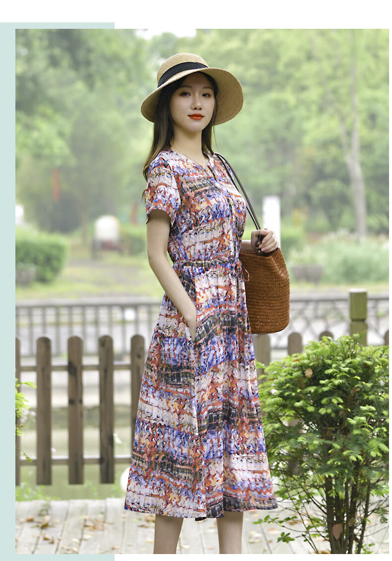 棉连衣裙棉绸连衣裙女夏季休闲人造棉绵绸中长款时尚气质显瘦减龄裙子