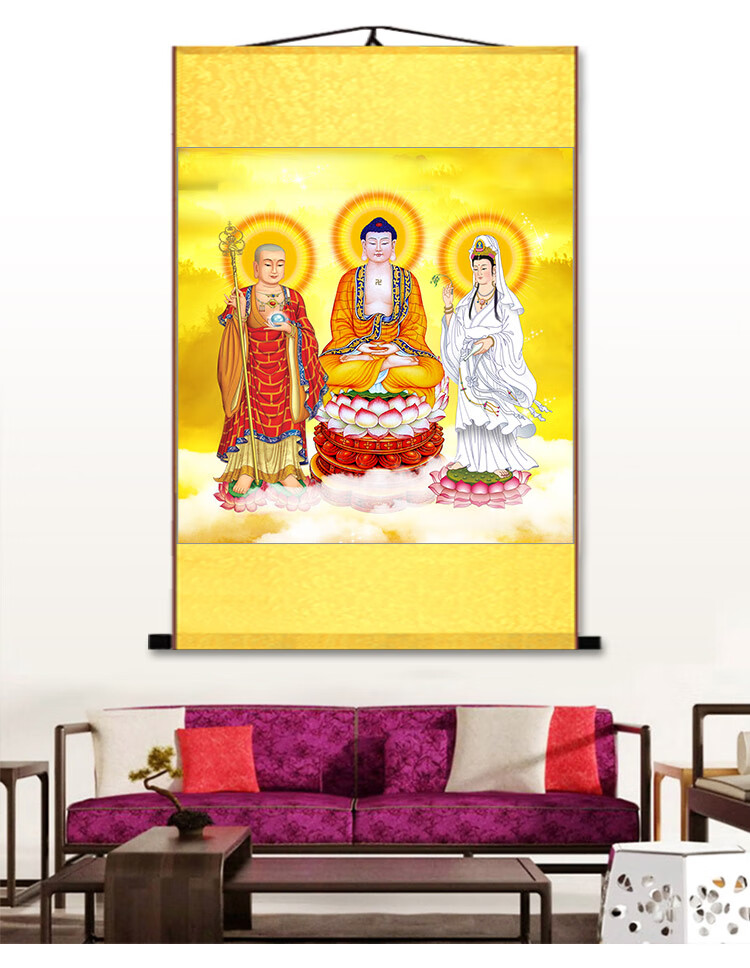 娑婆三圣佛像画释迦牟尼佛地藏观音菩萨画像婆婆三圣供奉卷轴画 a