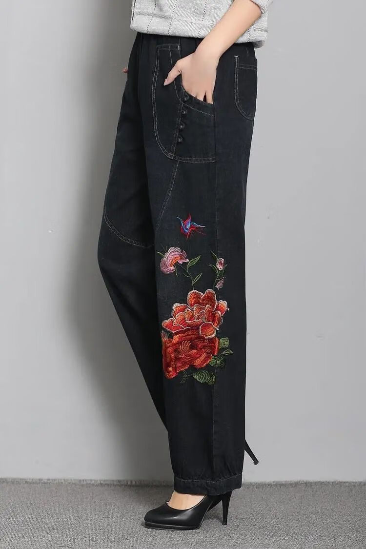 浪莎轻奢高档品牌牛仔裤女秋冬新款春秋新松紧高腰绣花长裤女灯笼裤