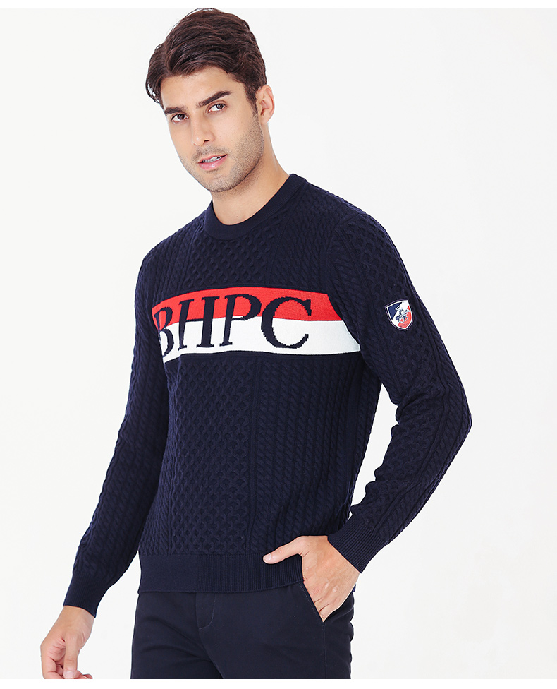 比华利保罗21秋冬新款字母撞色提花男士圆领毛衣羊毛衫男士针织衫红蓝