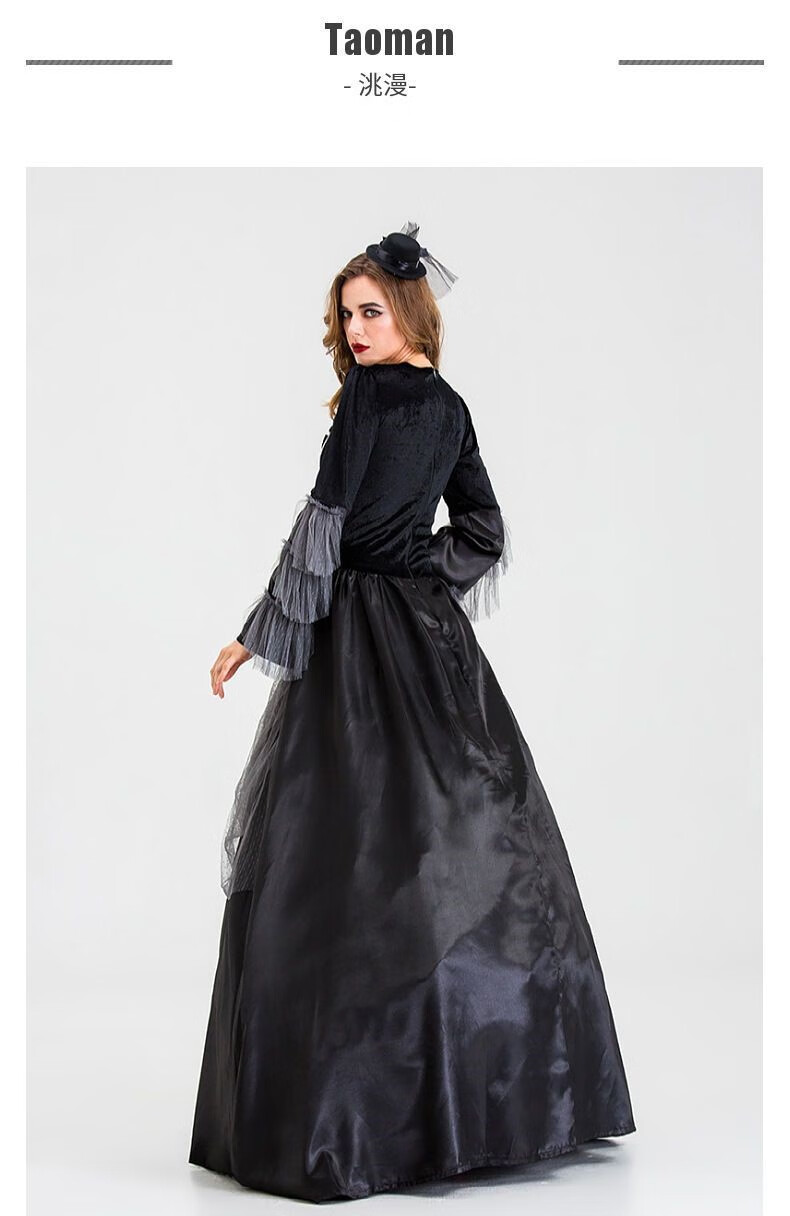 欧洲宫廷皇室皇后礼服黑色公主长裙中世纪舞台演出服万圣节女巫装【11