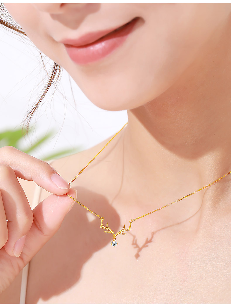 黄金项链女款一路有你足金锁骨鹿角吊坠999足金情人节礼物送女友老婆