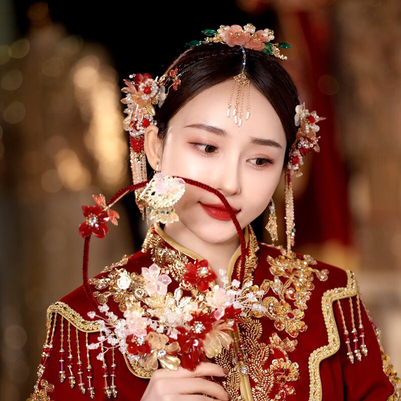 源璐中式婚礼古典秀禾服新娘造型复古头饰小清新琉璃花朵结婚盘发饰品