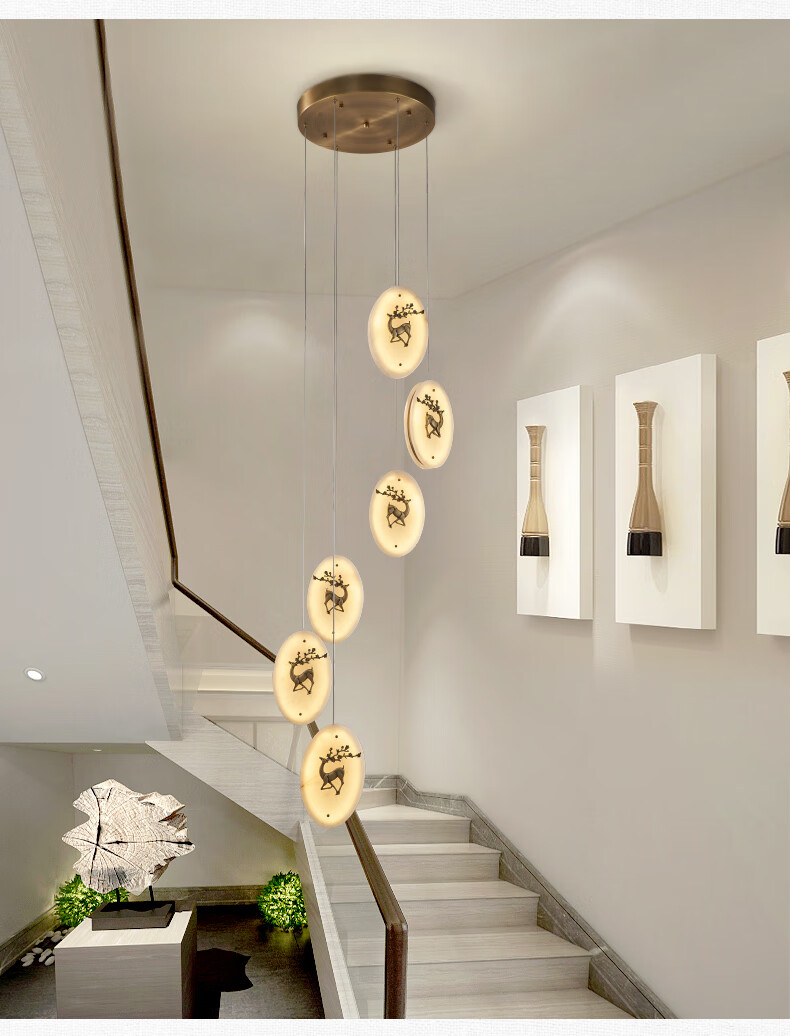 简纤新中式楼梯间长吊灯复式楼别墅全铜云石茶楼禅意中国风楼中楼灯具