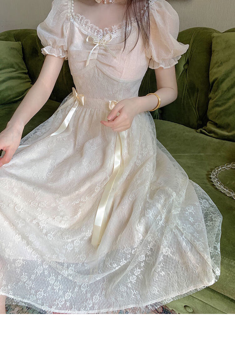 御阅泡泡袖蝴蝶结公主裙夏季法式仙森系蕾丝珍珠仙女裙中长款连衣裙