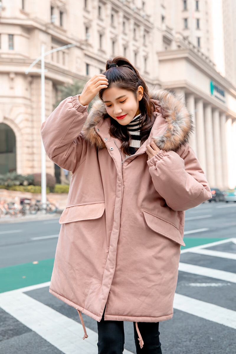 2019韩版加厚工装棉服女冬中长款宽松学生棉衣外套大毛领棉袄 灰色 xl