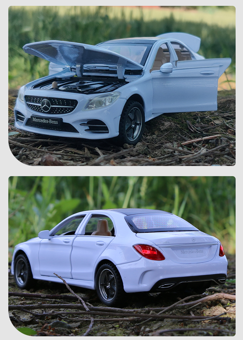 奔驰c级132合金车模男孩声光回力玩具金属仿真汽车模型收藏摆件 白色