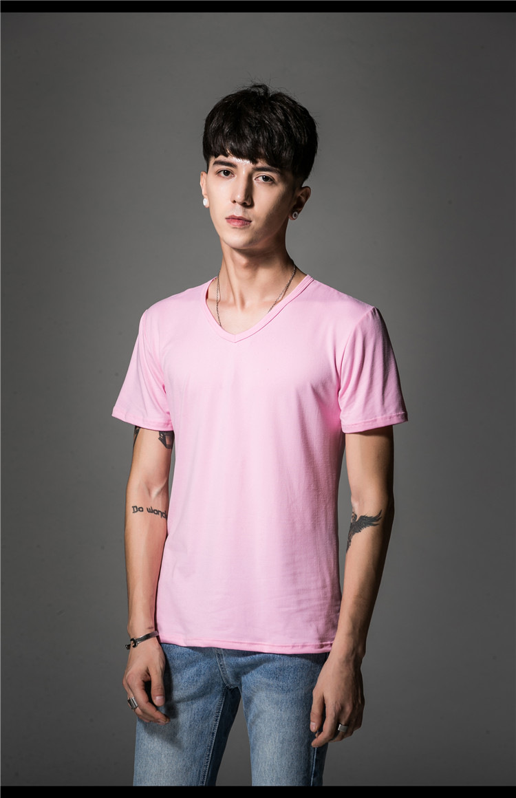 男士短袖t恤夏大码青少年糖果系纯色半袖学生背心批发 浅绿色 v领 3xl