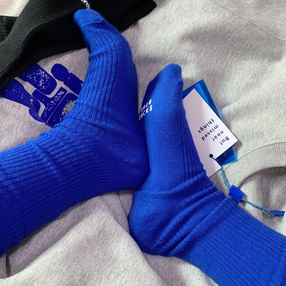 er克莱因蓝高筒长袜子女宝蓝色高帮袜运动中筒袜子男 蓝色 双针薄款一