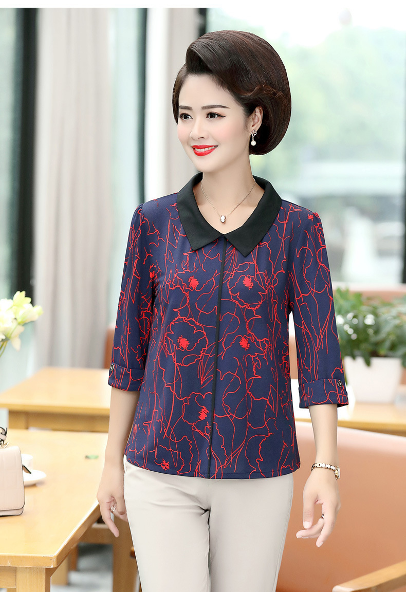 【京选优品】2019新款妈妈秋装翻领衬衫中年女士春秋长袖雪纺衫阔太太