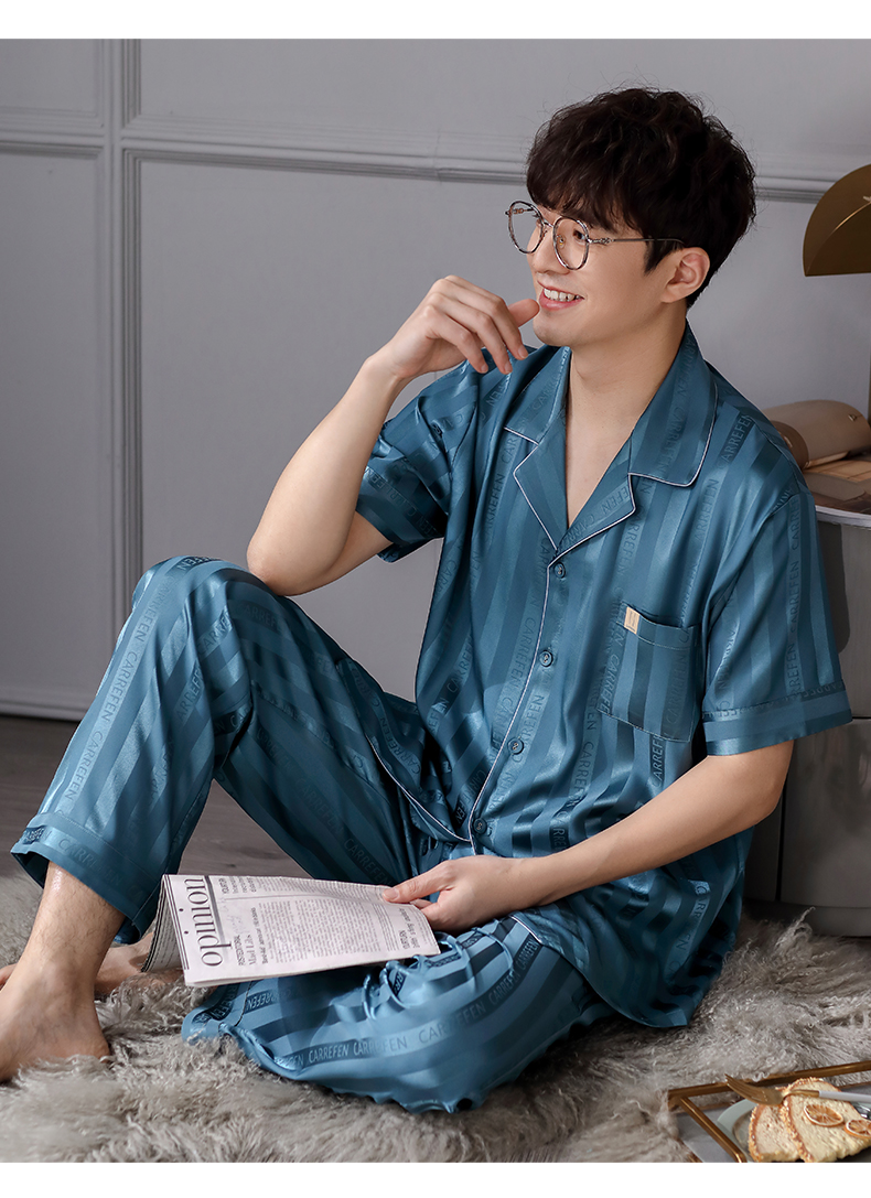 莫代尔睡衣男士夏季夏款丝绸冰丝短袖长裤家居服男款薄款仿真丝质a924