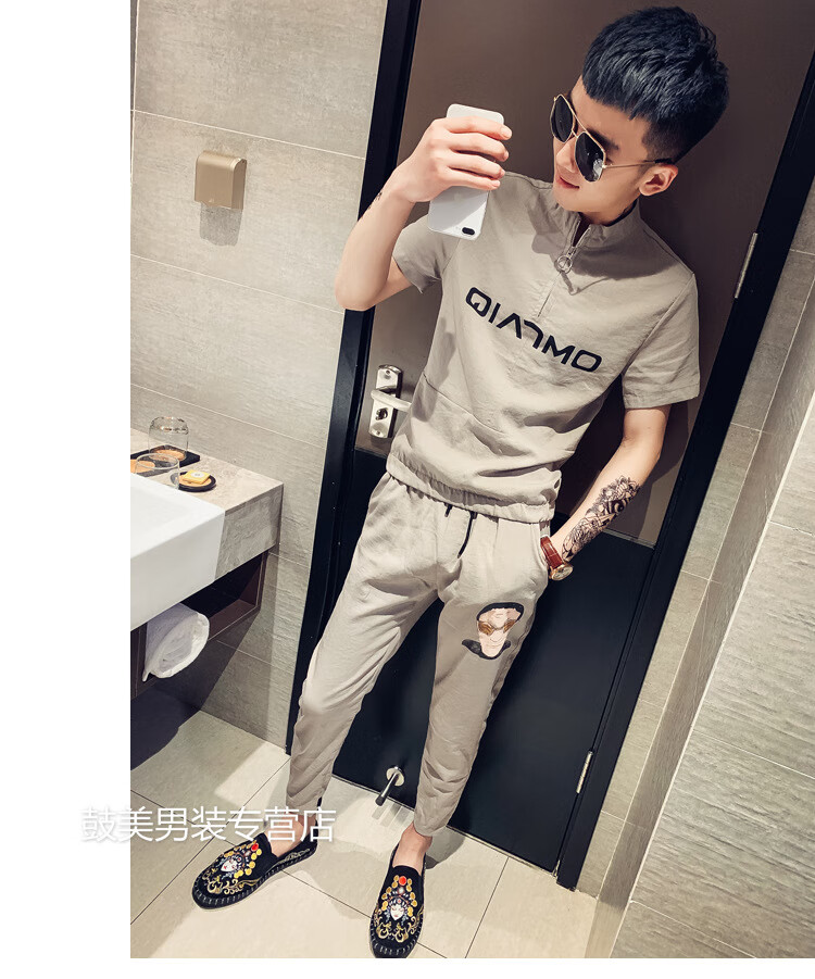 短袖t恤两件套装个性人头印花社会人小伙一套装网红帅气潮流衣服黑色m