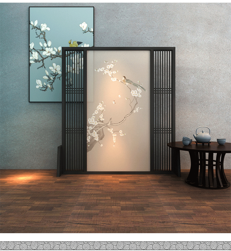抖音同款中式风水半透明纱屏风福禄新中式实木屏风隔断装饰客厅卧室