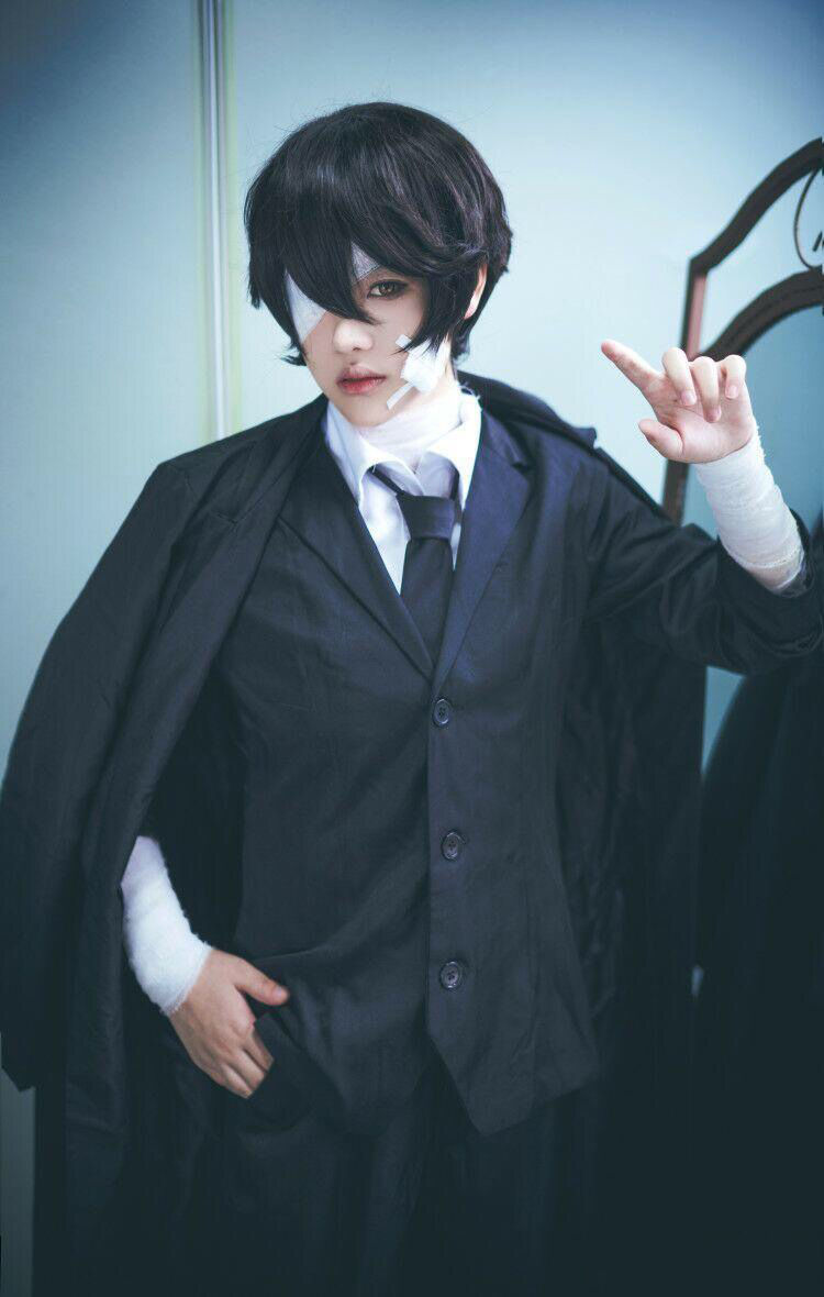 现货文豪野犬cos太宰治黑时代黑色风衣套装cosplay服装假发鞋 男生
