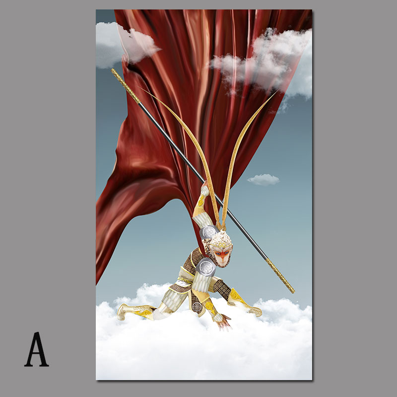 孙悟空玄关沙发背景墙壁挂画像竖版自粘贴画齐天大圣装饰画芯打印 f