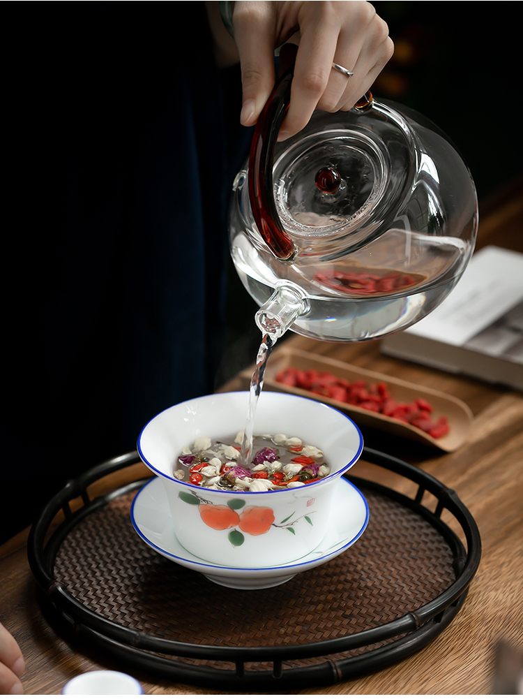 特大号家用敬茶三才杯单个手绘陶瓷功夫茶具八宝茶碗莲蓬大盖碗300ml