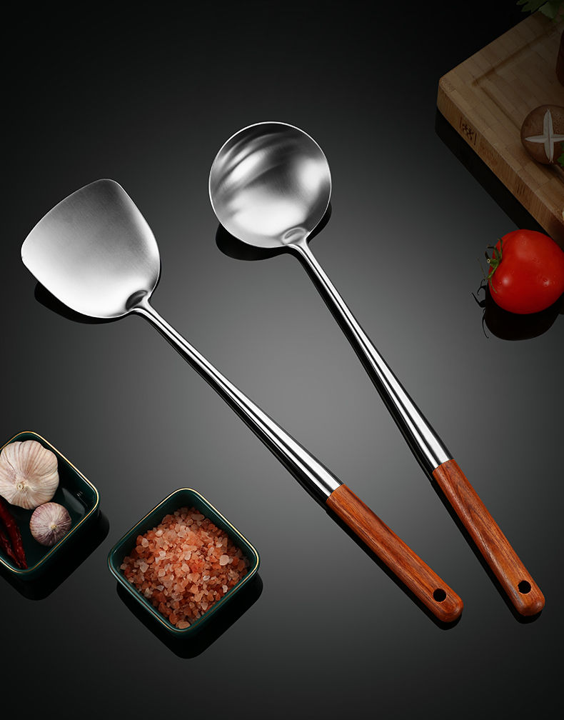 304不锈钢锅铲炒勺厨师专用勺铲套装长柄家用厨房炒菜汤勺勺子大 木柄