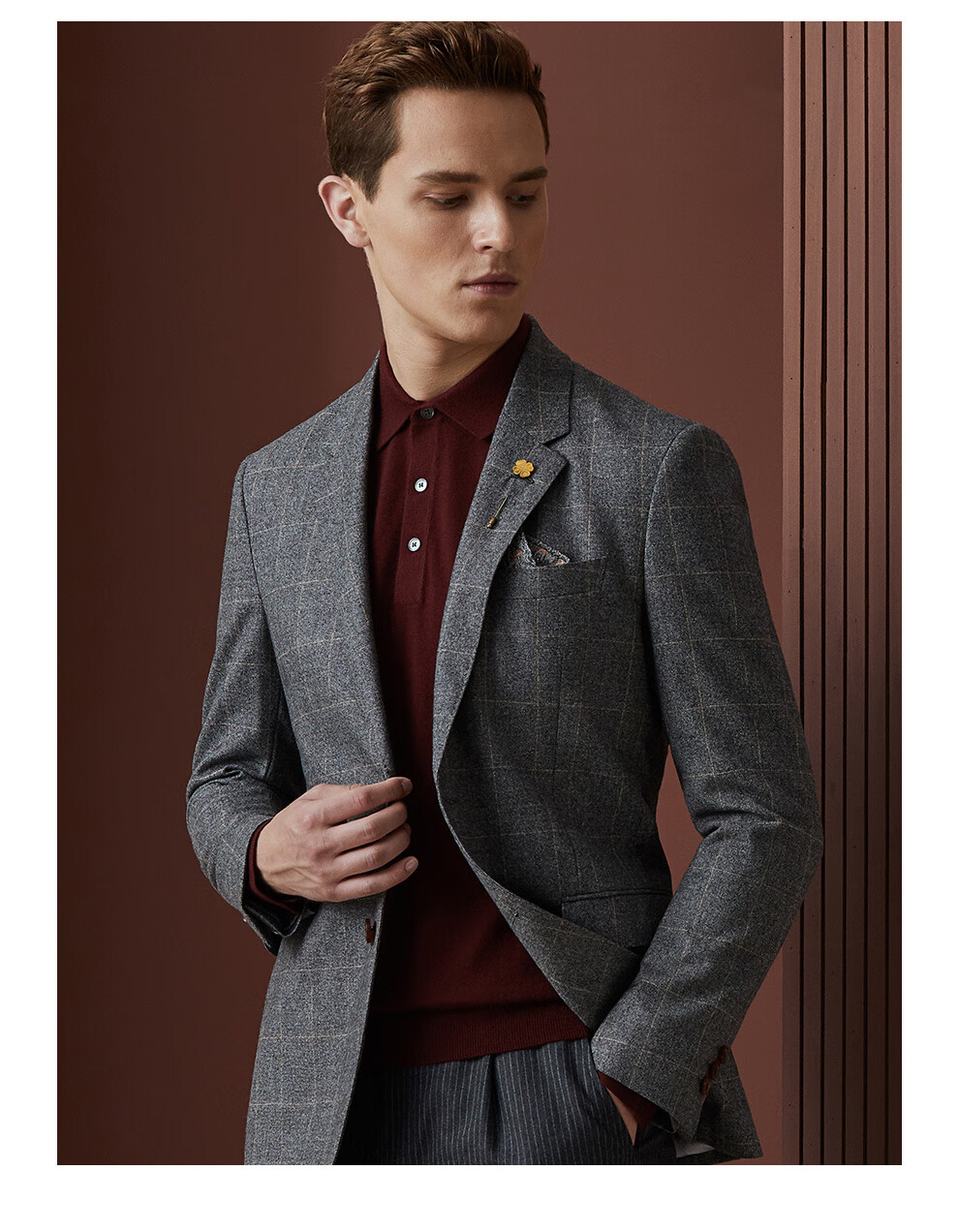 vasto华斯度2019秋冬青年中年男士灰格羊毛西服92c012037灰色46
