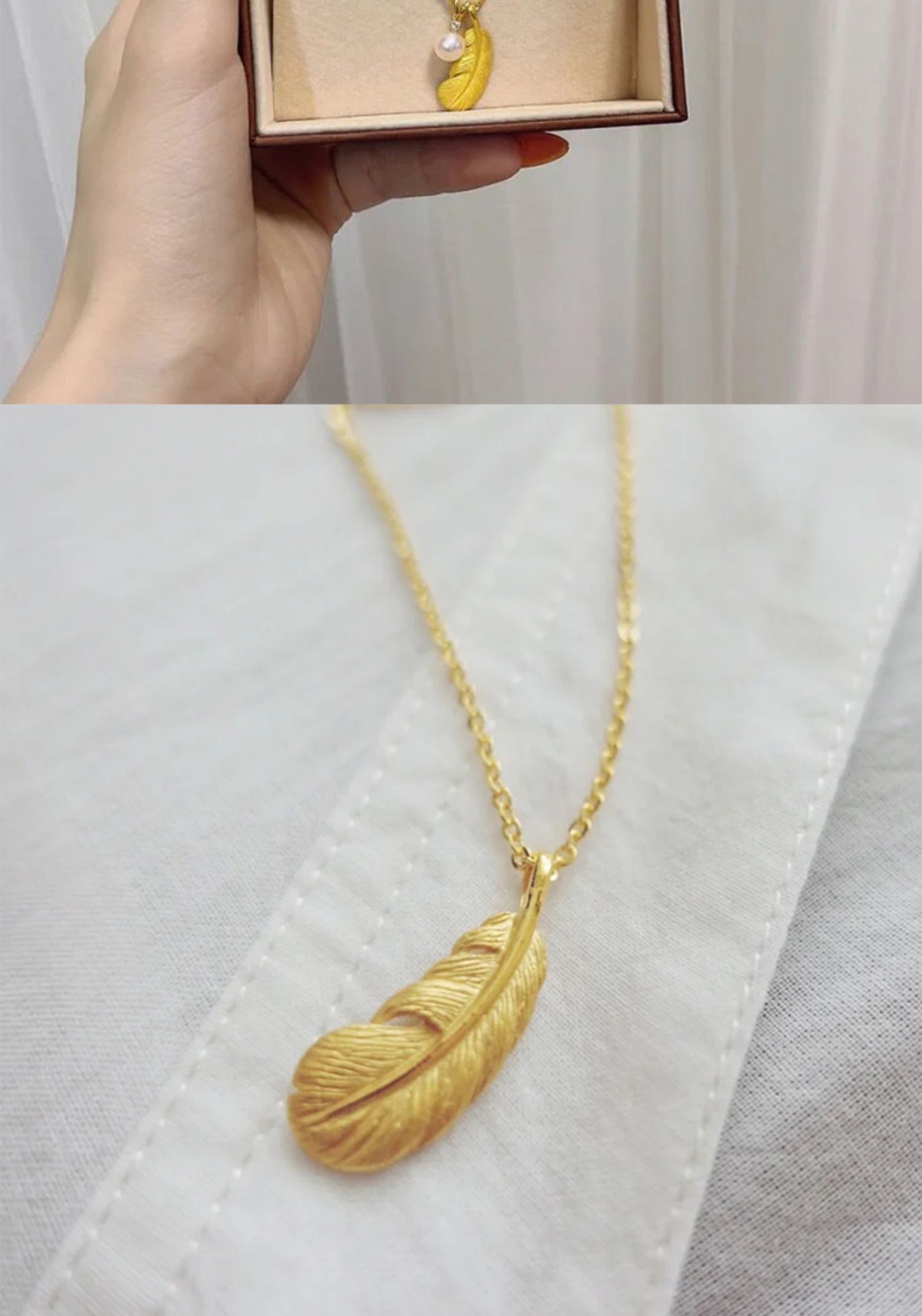 周大福款式黄金羽毛吊坠珍珠999足金小金珠项链女编织黑绳锁骨链3d硬