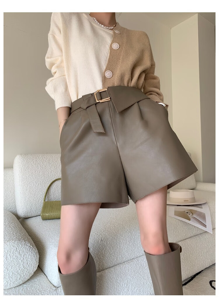 进口小羊皮短裤2022秋新款绵羊皮直筒a字质感百搭时髦真皮皮裤女