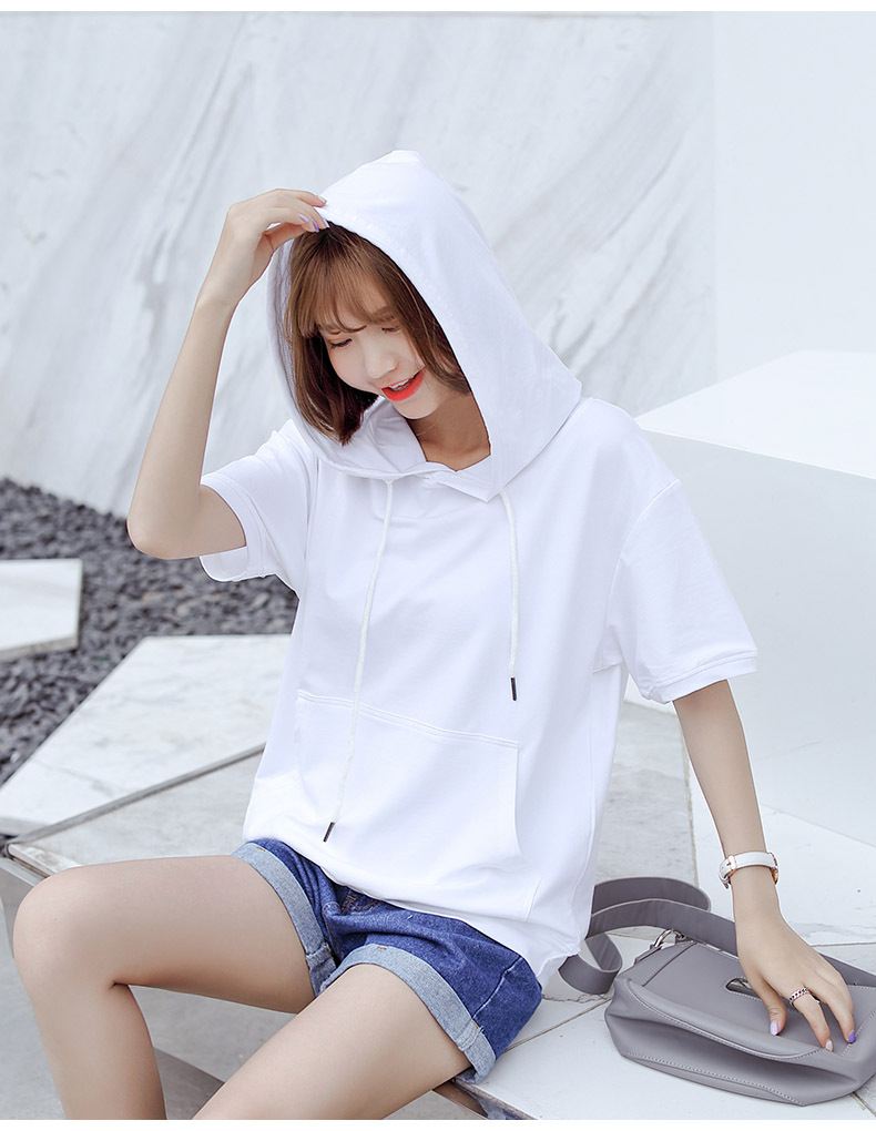 夏天戴帽子短袖卫衣女宽松韩版学生学院风2020夏季连帽薄棉质百搭上衣